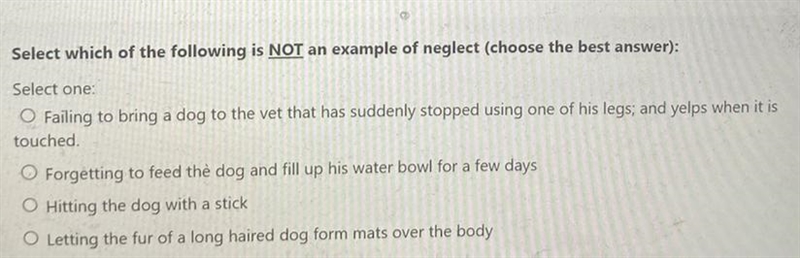 Which of the following is not an example of dog neglect?-example-1