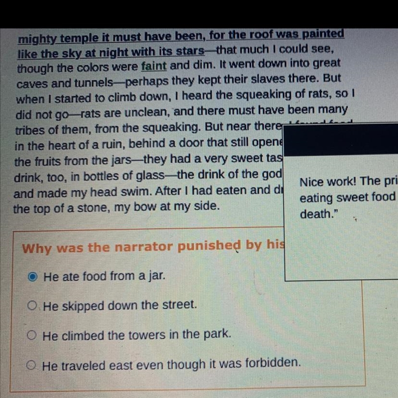 Why was the narrator punished by his father? O He ate food from a jar. O He skipped-example-1