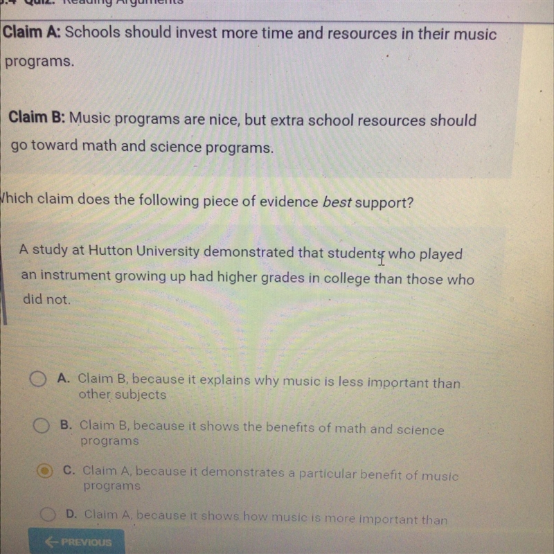 PLEASE HELP!!!! Claim A: Schools should invest more time and resources in their music-example-1