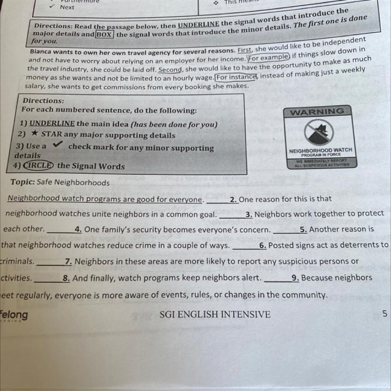 Directions: For each numbered sentence, do the following: 1) UNDERLINE the main idea-example-1