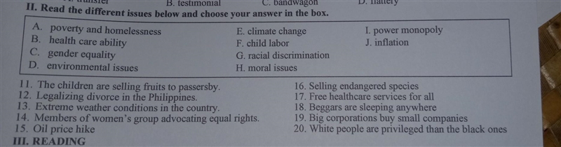 Read the different issues below and choose your answer in the box. plss pa help.​-example-1