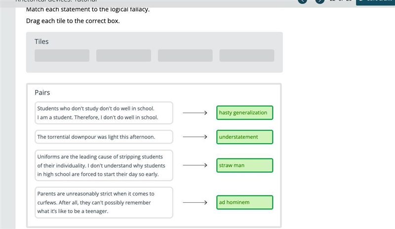 Match each statement to the logical fallacy. Drag each tile to the correct box. Tiles-example-1