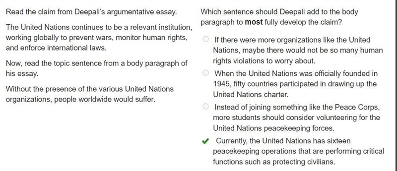 Read the claim from Deepali's argumentative essay. The United Nations continues to-example-1