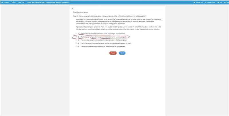 Select the correct answer. Read the first two paragraphs of an essay about endangered-example-1