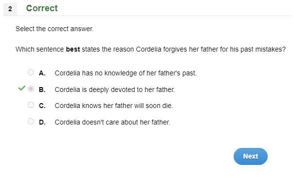 Which sentence best states the reason Cordelia forgives her father for his past mistakes-example-1