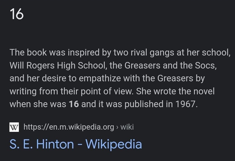 How old was s. E. Hinton when she wrote the outsiders?.-example-1