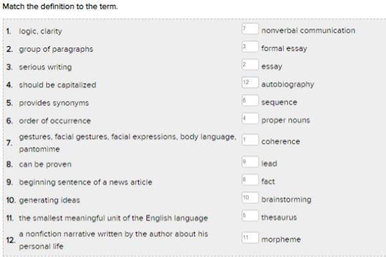 Match the definition to the term. 1 . brainstorming logic, clarity 2 . proper nouns-example-1