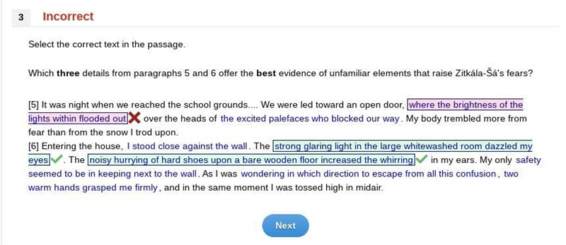 Which three details from paragraphs 5 and 6 offer the best evidence of unfamiliar-example-1