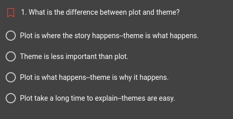 What is the difference between plot and theme? 1. Plot is where the story happens-example-1