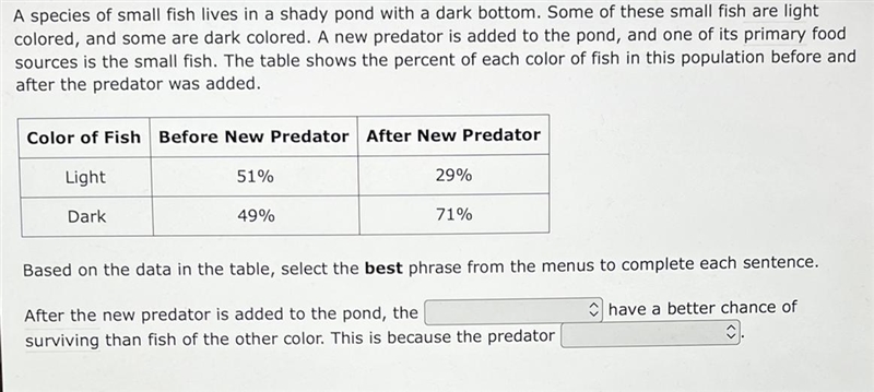 A species of small fish lives in a shady pond with a dark bottom. Some of these small-example-1