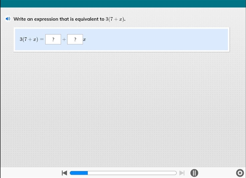 Write a expression that is equivalent to 3(7+x)-example-1