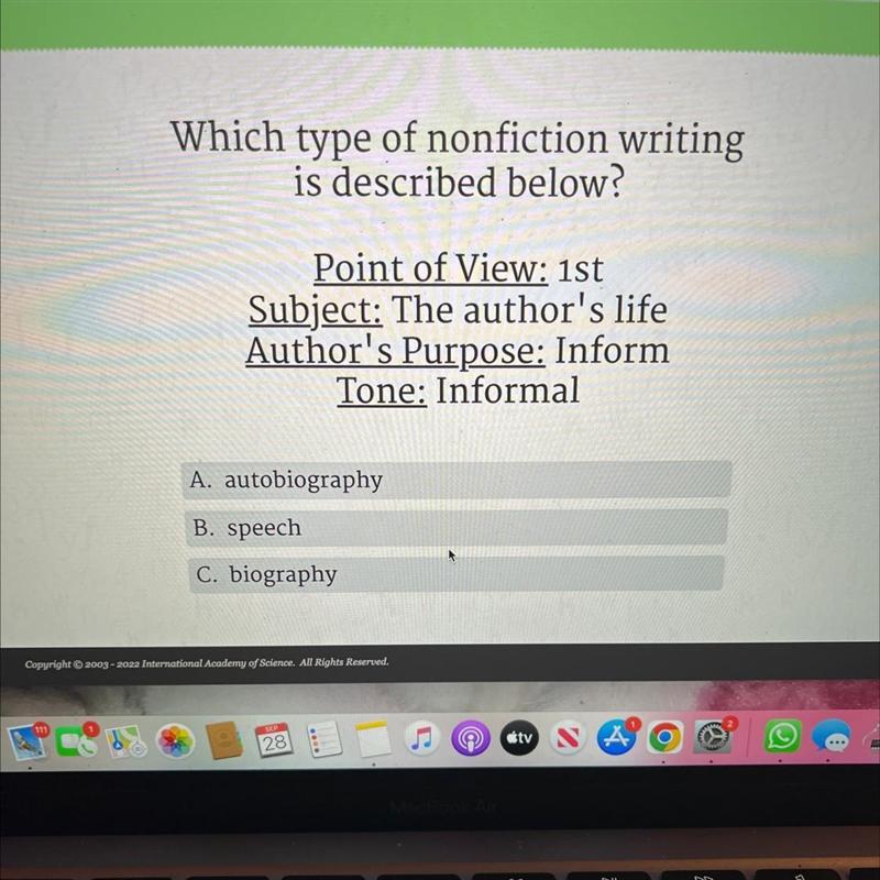 Which type of nonfiction writing is described below? Point of View: 1st Subject: The-example-1