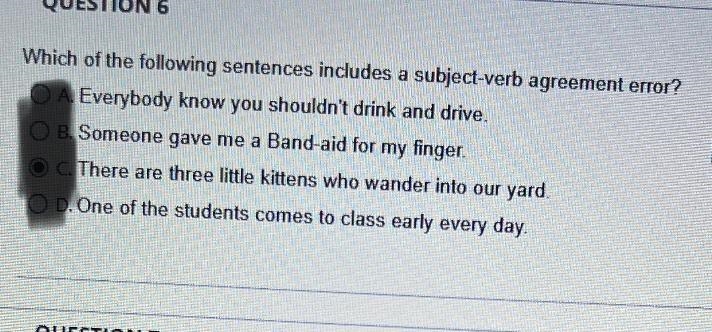 Which of the following sentences includes a subject-verb agreement error-example-1