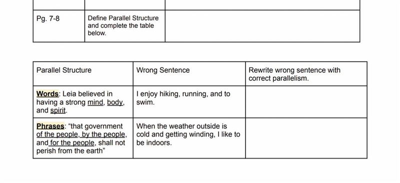 Help please answer the questions in the screenshot about parallel structure-example-1