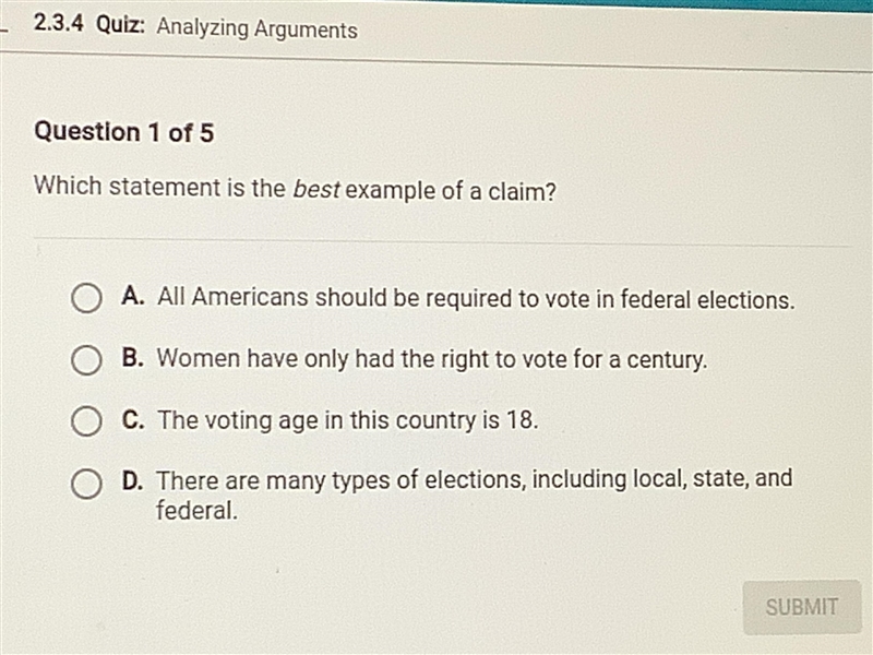 ⚠️PLEASE HELP⚠️ Which statement is the best example of a claim?-example-1