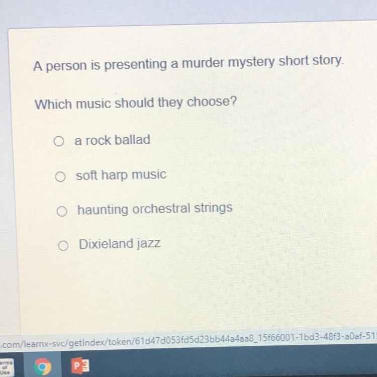 A person is presenting a murder mystery short story. Which music should they choose-example-1