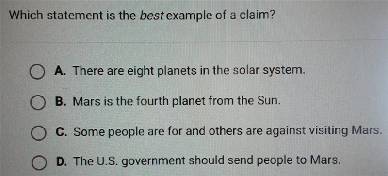 Help pls Which statement is the best example of a claim?​-example-1