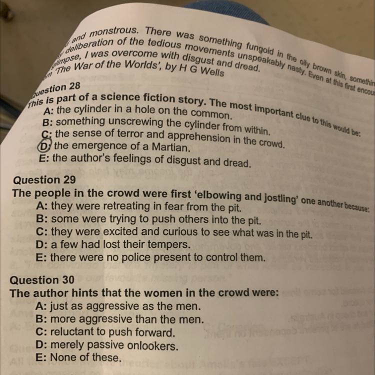 Question 29 The people in the crowd were first 'elbowing and jostling' one another-example-1