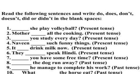 Read the following sentences and write do, does, don't, doesn't, did or didn't in-example-1