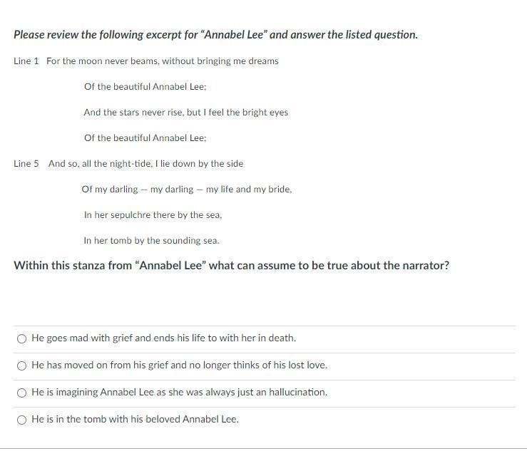 Please review the following excerpt for “Annabel Lee” and answer the listed question-example-1