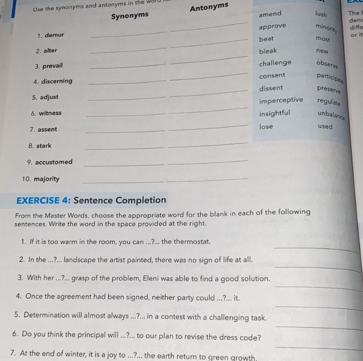 Use the synonyms and antonyms in the word list to fill in the blanks except where-example-1