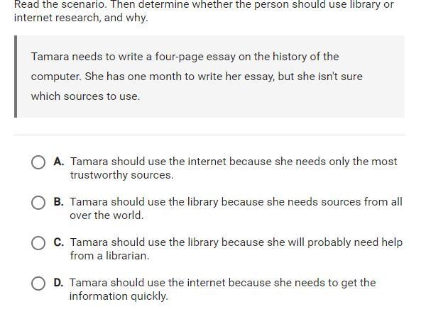 read the scenario. then determine whether the person should use library or internet-example-1