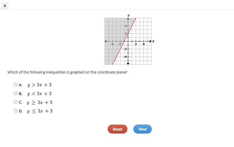 Which of the following inequalities is graphed on the coordinate plane? A. y > 2x-example-1