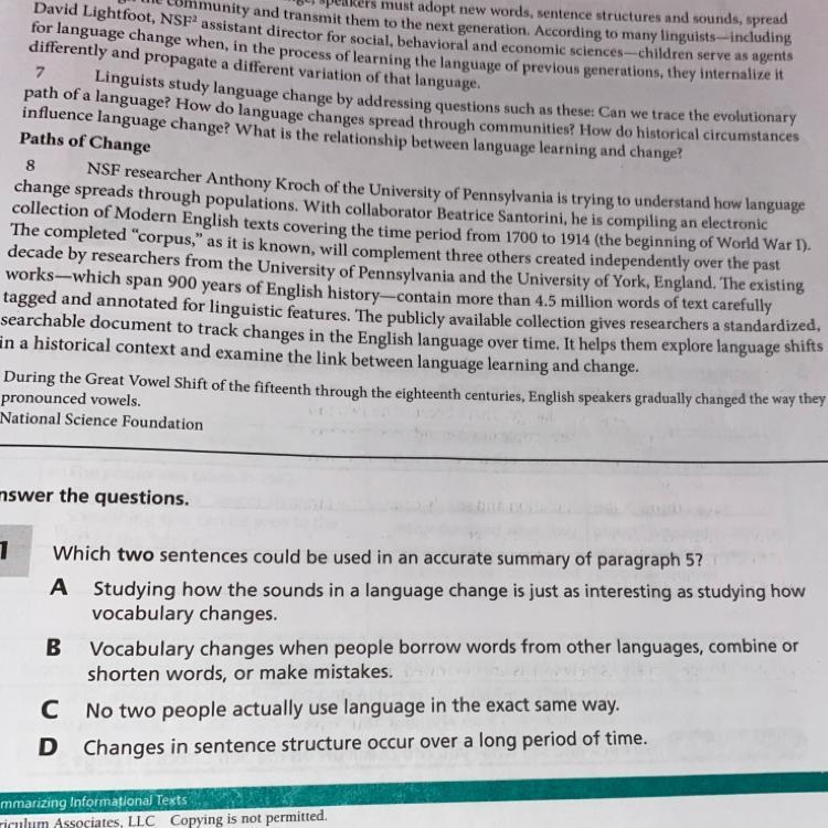 Which two sentences could be used in an accurate summary of paragraph 5?-example-1