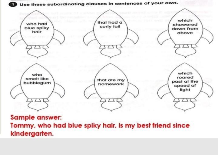 1 Use these subordinating clauses in sentences of your own. who had blue spiky hair-example-1