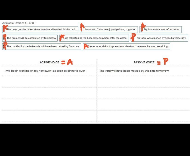 Verbs - Active and Passive Voice Instructions Student Directions: Sort the sentences-example-1