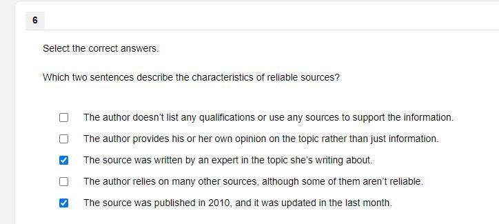 two sentences describe the characteristics of reliable sources? The author doesn’t-example-1