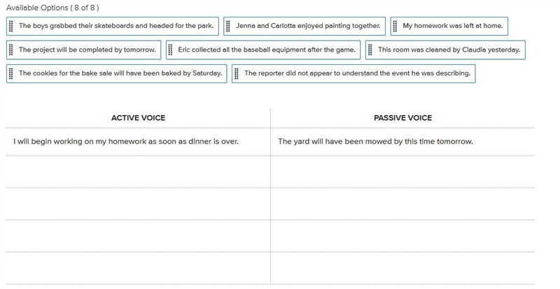 Verbs - Active and Passive Voice Instructions Student Directions: Sort the sentences-example-3