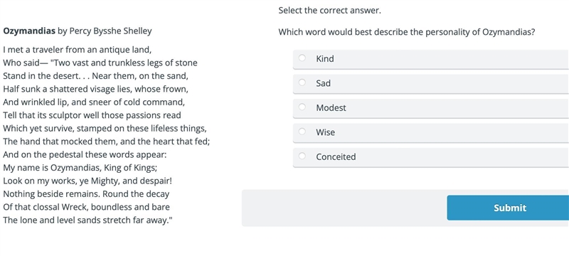 Select the correct answer. Which word would best describe the personality of Ozymandias-example-1