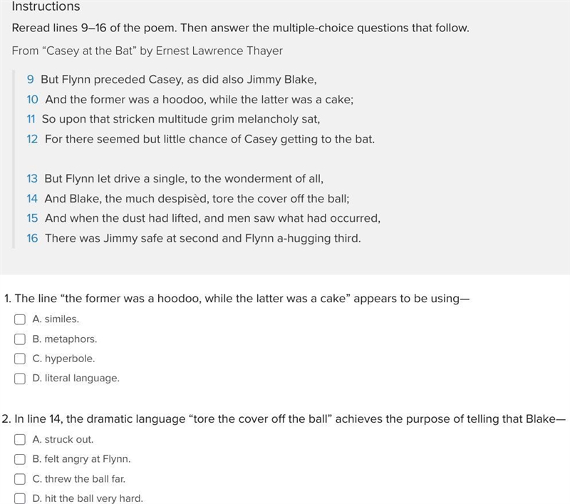 Reread lines 9 to 16 of the poem. Then answer the multiple-choice questions that follow-example-1