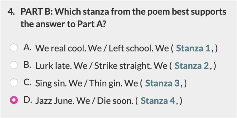 50PTS Which stanza from the poem best supports the answer to part A?-example-1