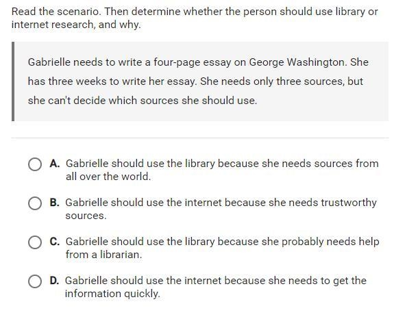 read the scenario. then determine whether the person should use library or internet-example-1