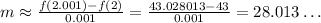 m\approx(f(2.001)-f(2))/(0.001)=(43.028013-43)/(0.001)=28.013\ldots