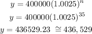 \begin{gathered} y=400000(1.0025)^n \\ y=400000(1.0025)^(35) \\ y=436529.23\text{ }\cong436,529\text{ } \end{gathered}