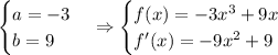 \begin{cases}a={-3} \\ b={9}\end{cases}\Rightarrow\begin{cases}f(x)={-3x^3}+9x \\ f^(\prime)(x)={-9x^2+9}\end{cases}