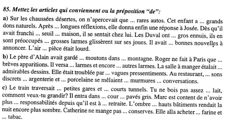 Mettez les articles qui conviennent ou la préposition “de”:-example-1