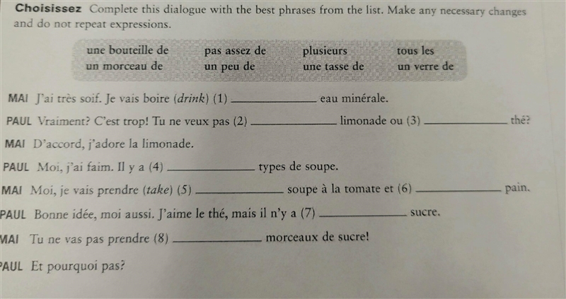 Complete the dialogue with the correct phrases from the word bank (french)-example-1