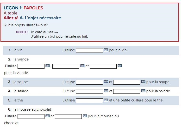 French! Quels objets utilisez-vous? modèle: le café au lait → J’utilise un bol pour-example-1