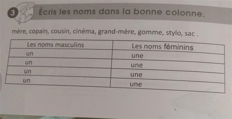 mère, copain, cousin, cinéma, grand-mère, gomme, stylo, sac. Les noms féminins une-example-1