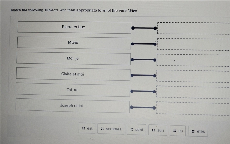 Match the following subjects with their appropriate form of the verb "être&quot-example-1