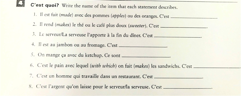 Write the name of the item each statement describes Someone please fill this out! (French-example-1