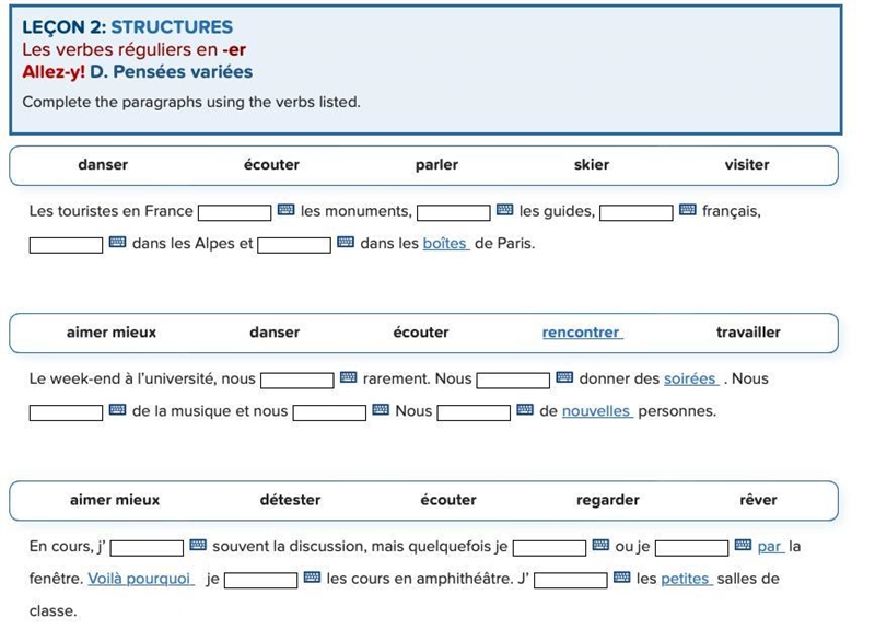 Help please ! LEÇON 2: STRUCTURES Les verbes réguliers en -er Allez-y! D. Pensées-example-2