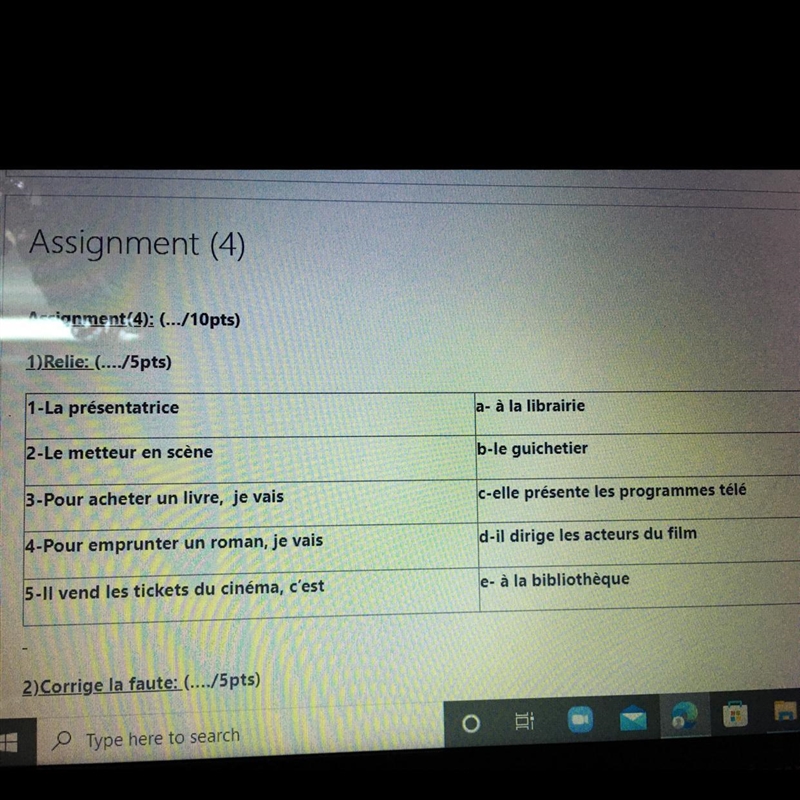 1) Relie: (..../5pts) 1 -La présentatrice a- à la librairie 2-Le metteur en scène-example-1