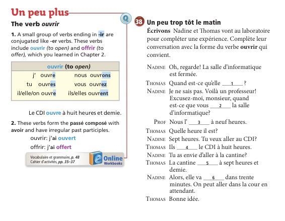 Please help asap! Add the verb ouvrir from page 138 and complete ex 38 with answer-example-1