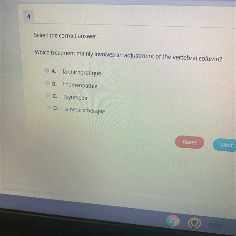 Which treatment mainly involves an adjustment of the vertebral column? A. la chiropratique-example-1