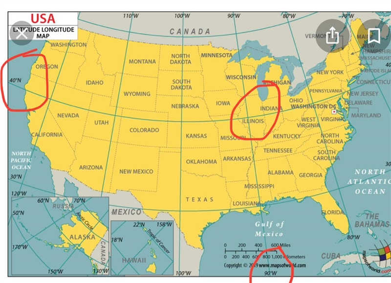 PLEASE!!! 25 POINTS!!! What state is found 40 N and 90 W-example-1